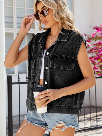 Pocketed Button Up Sleeveless Denim Jacket.