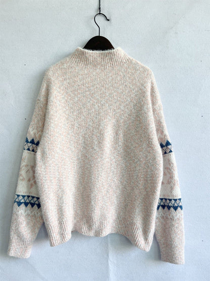 Geometric Mock Neck Dropped Shoulder Sweater.