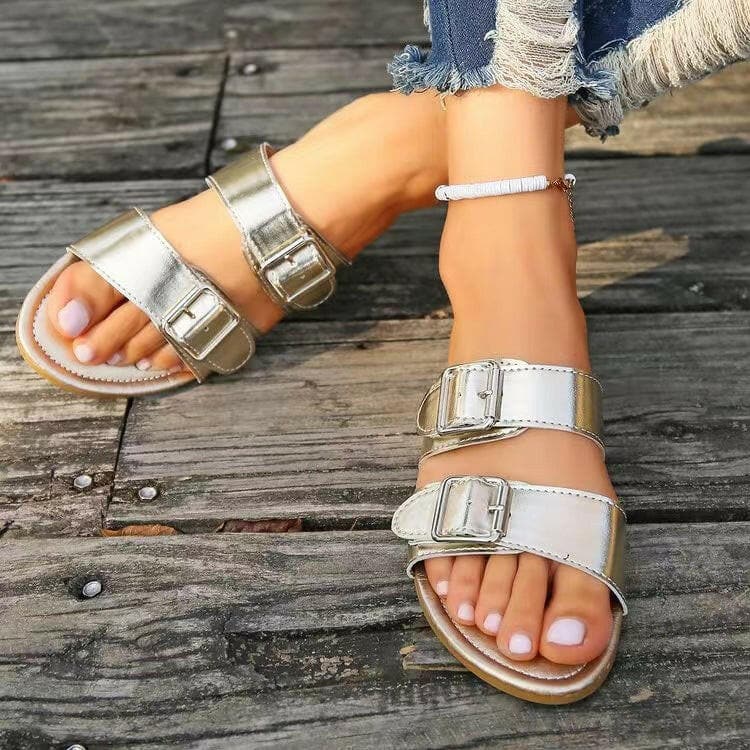 Open Toe Double Buckle Sandals.