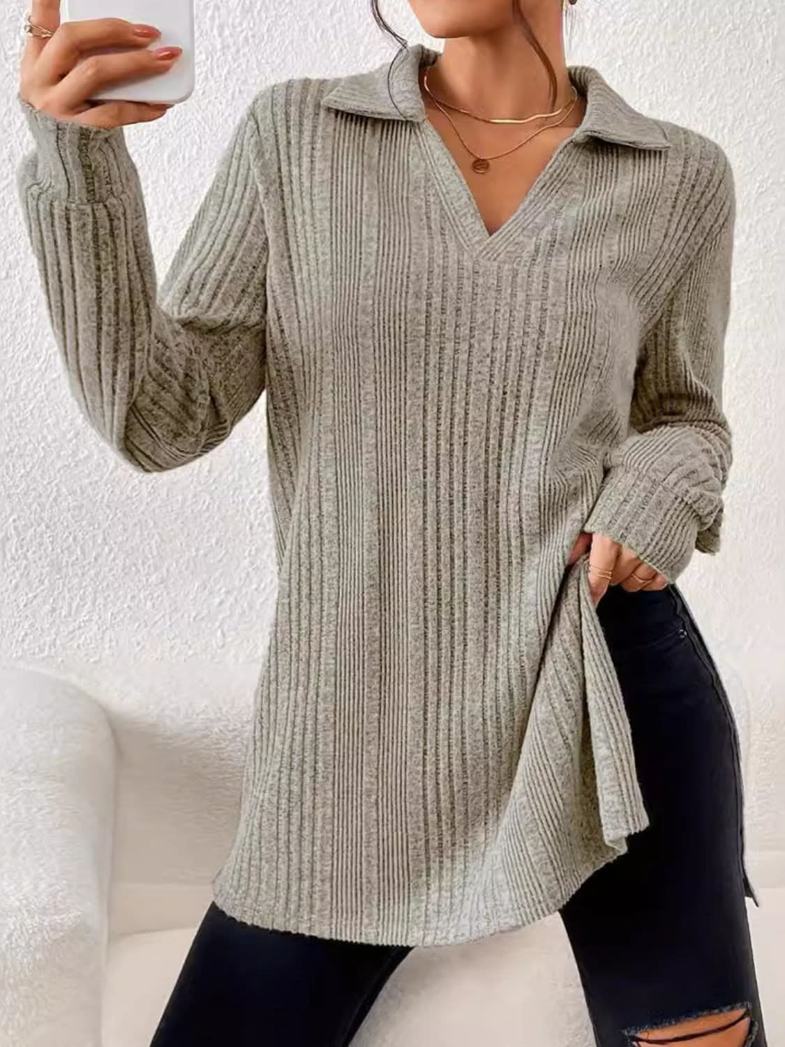 Chic Slit Collar Long Sleeve Blouse