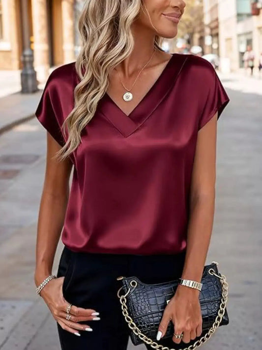 Satin V-Neck Short Sleeve Blouse Simply Love