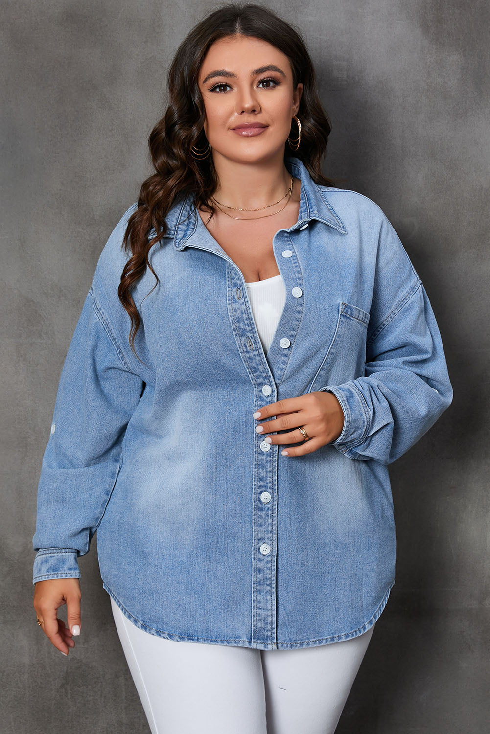 Sky Blue Plus Size Denim Shacket with Chest Pocket