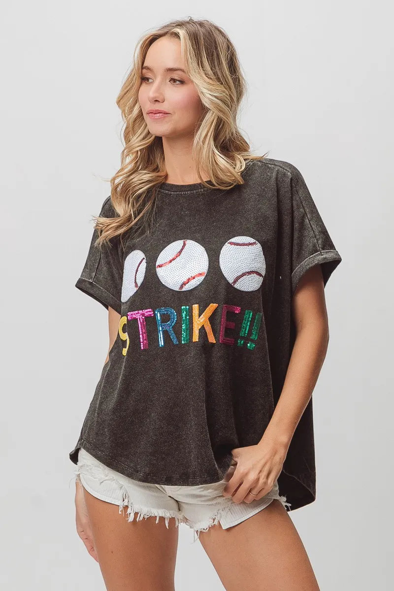 BiBi Sequin Baseballs Strike Washed Short Sleeve Top - Love Salve 