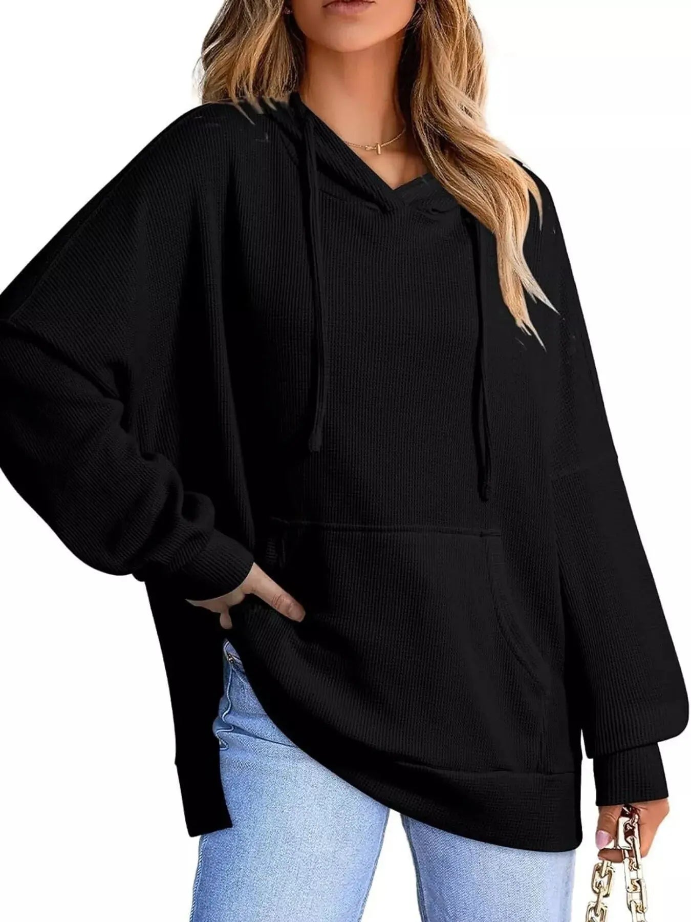 Oversized Drawstring Side Slit Hoodie Simply Love