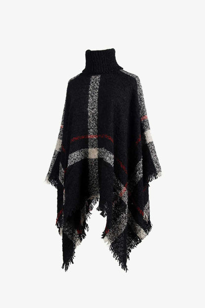 Plaid Turtleneck Raw Hem Poncho.