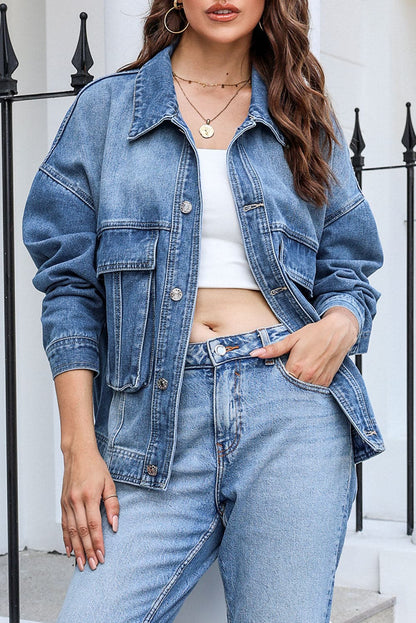 Button Up Dropped Shoulder Denim Jacket with Pockets.