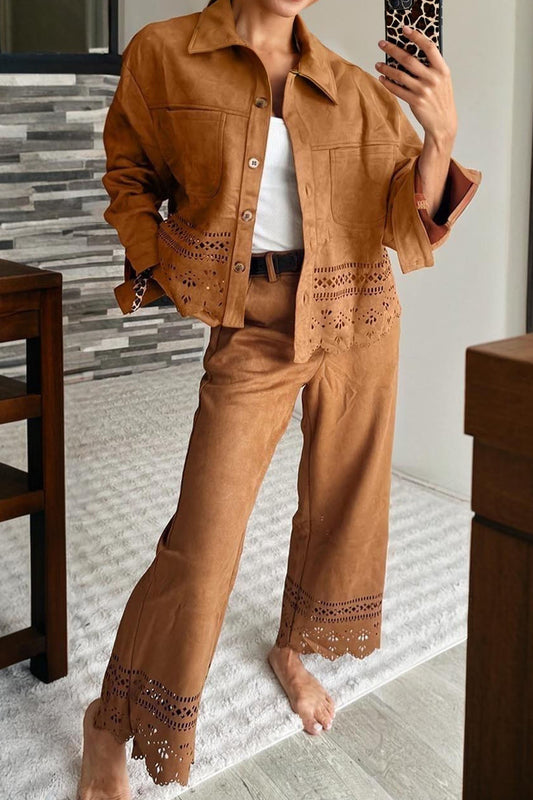 Thai Curry Solid Color Faux Suede Retro Jacket With Hollowed Detail Dear-Lover Dropshipping