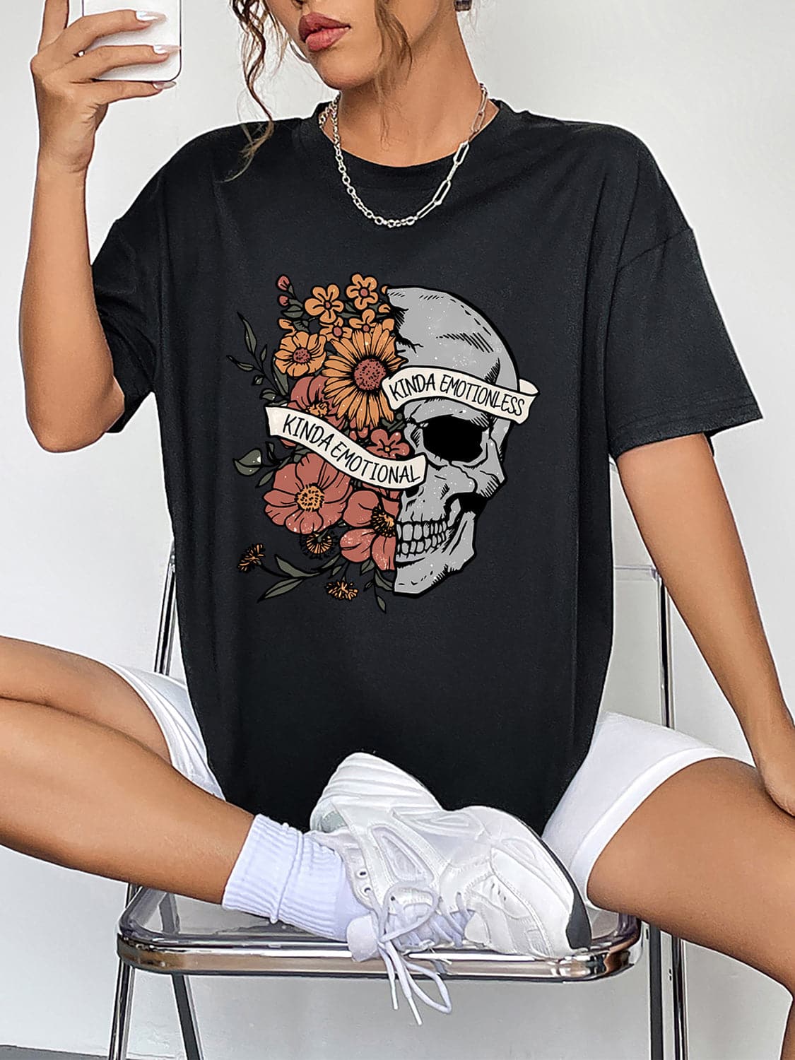 Graphic Print Round Neck Tee with Short Sleeves