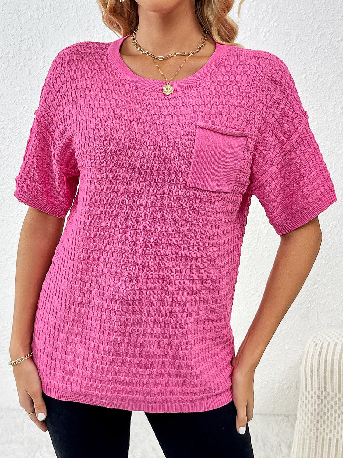 Round Neck Half Sleeve Knit Top.