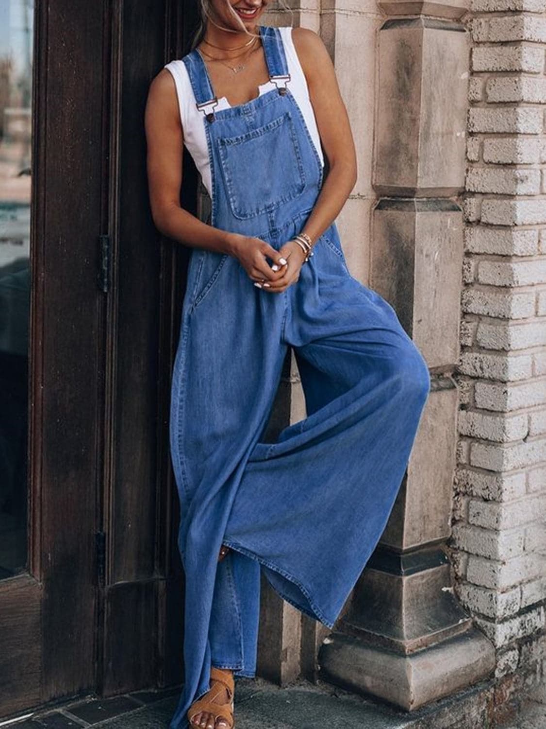 Wide Leg Denim Overalls.