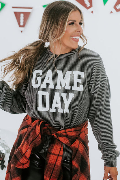 Game day ready: Dark grey corded graphic long sleeve crewneck top