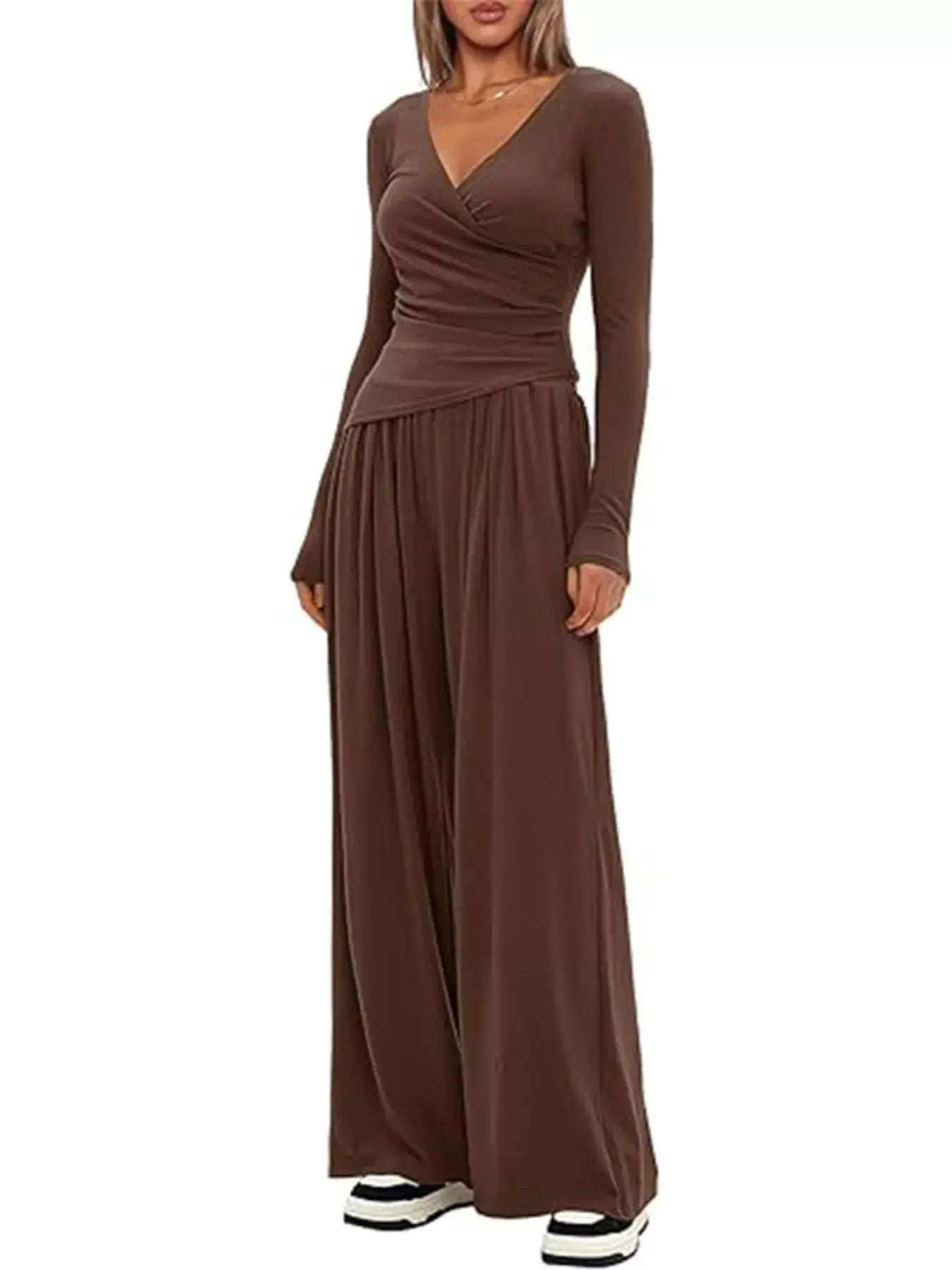 Casual Brown Long Sleeve Wrap Top And Wide Leg Pants Two-Piece Set Simply Love