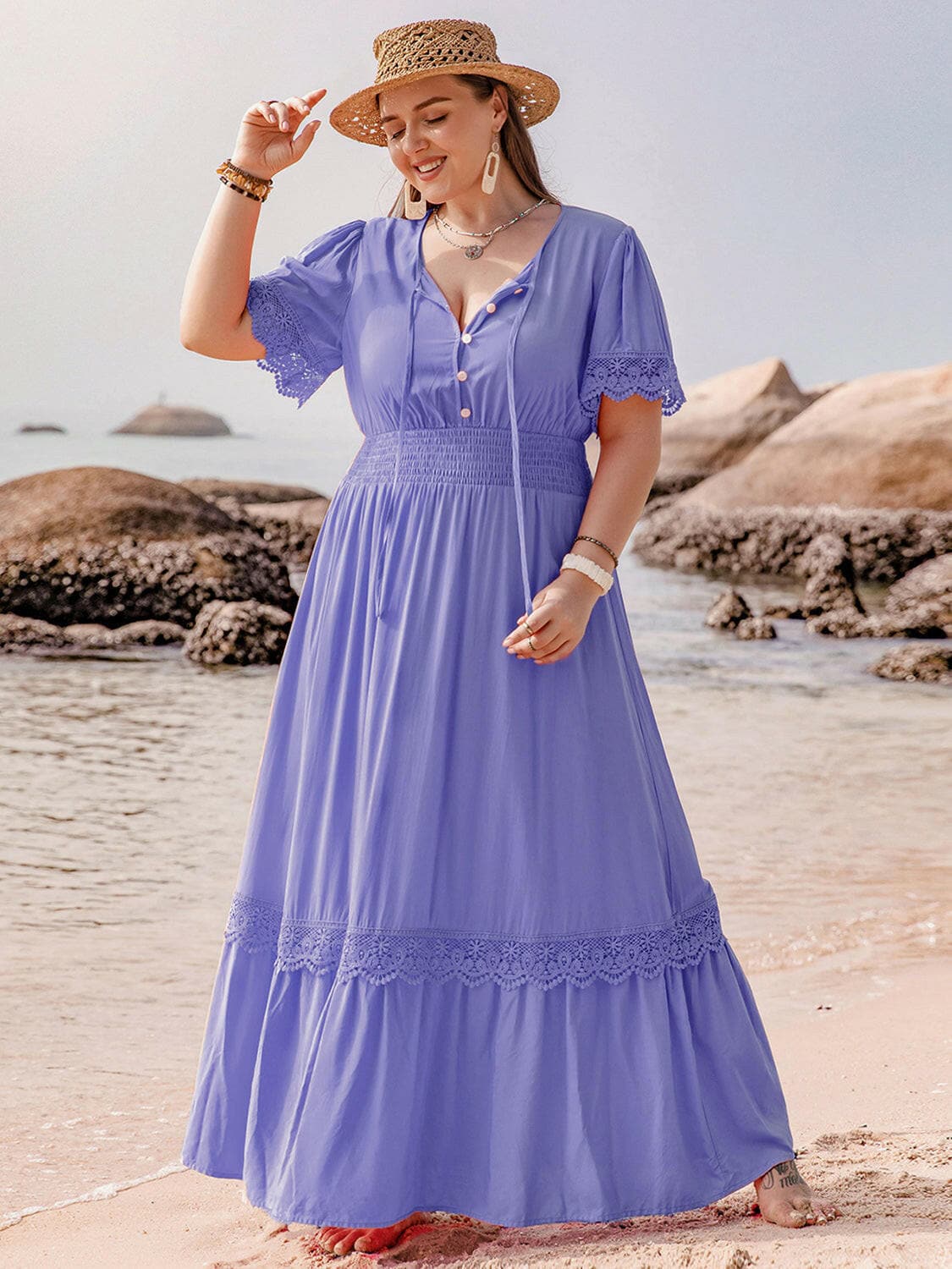 Plus Size Lace Detail Tie Neck Short Sleeve Maxi DressPlus Size Lace Detail Tie Neck Short Sleeve Maxi Dress
 Indulge in elegance with our Plus Size Lace Detail Tie Neck Short Sleeve Maxi Dress. Perfect for any special Love Salve Size Lace Detail Tie Neck Short Sleeve Maxi DressMaxi Dresses