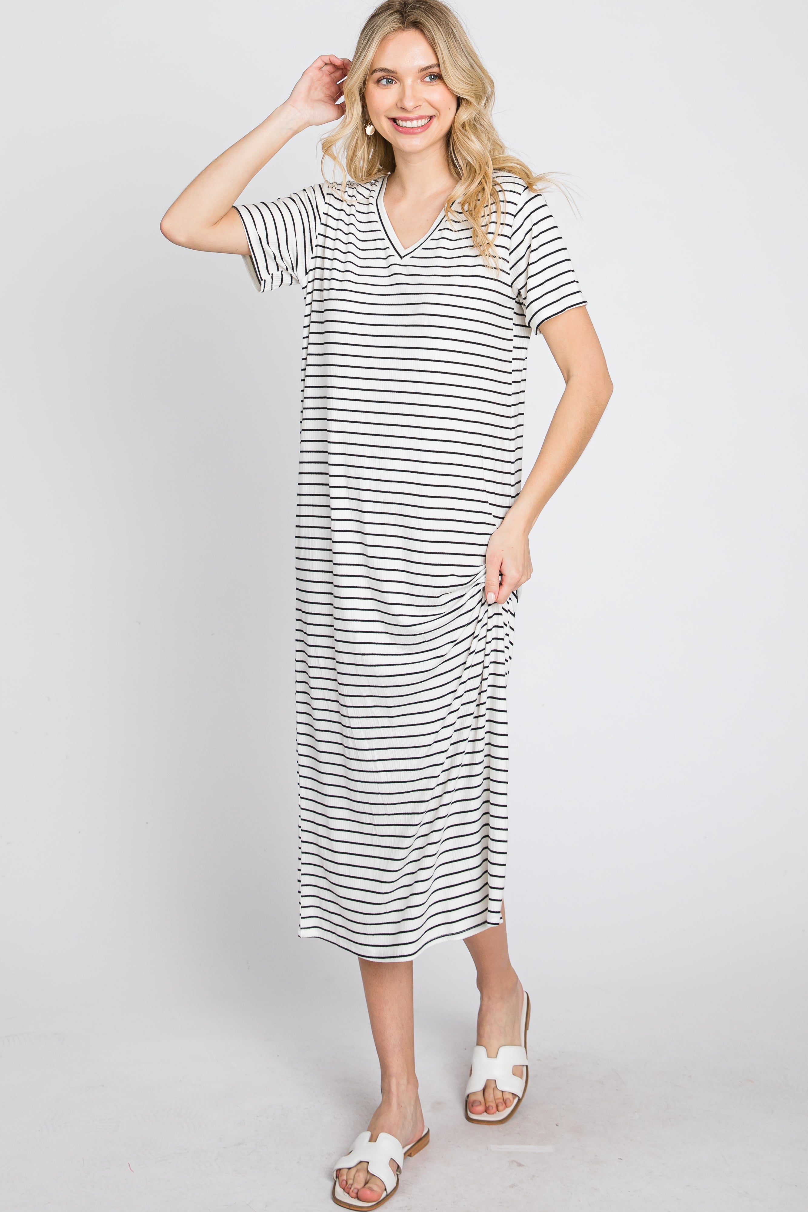 Ivory Striped Ribbed Midi Dress PinkBlush
