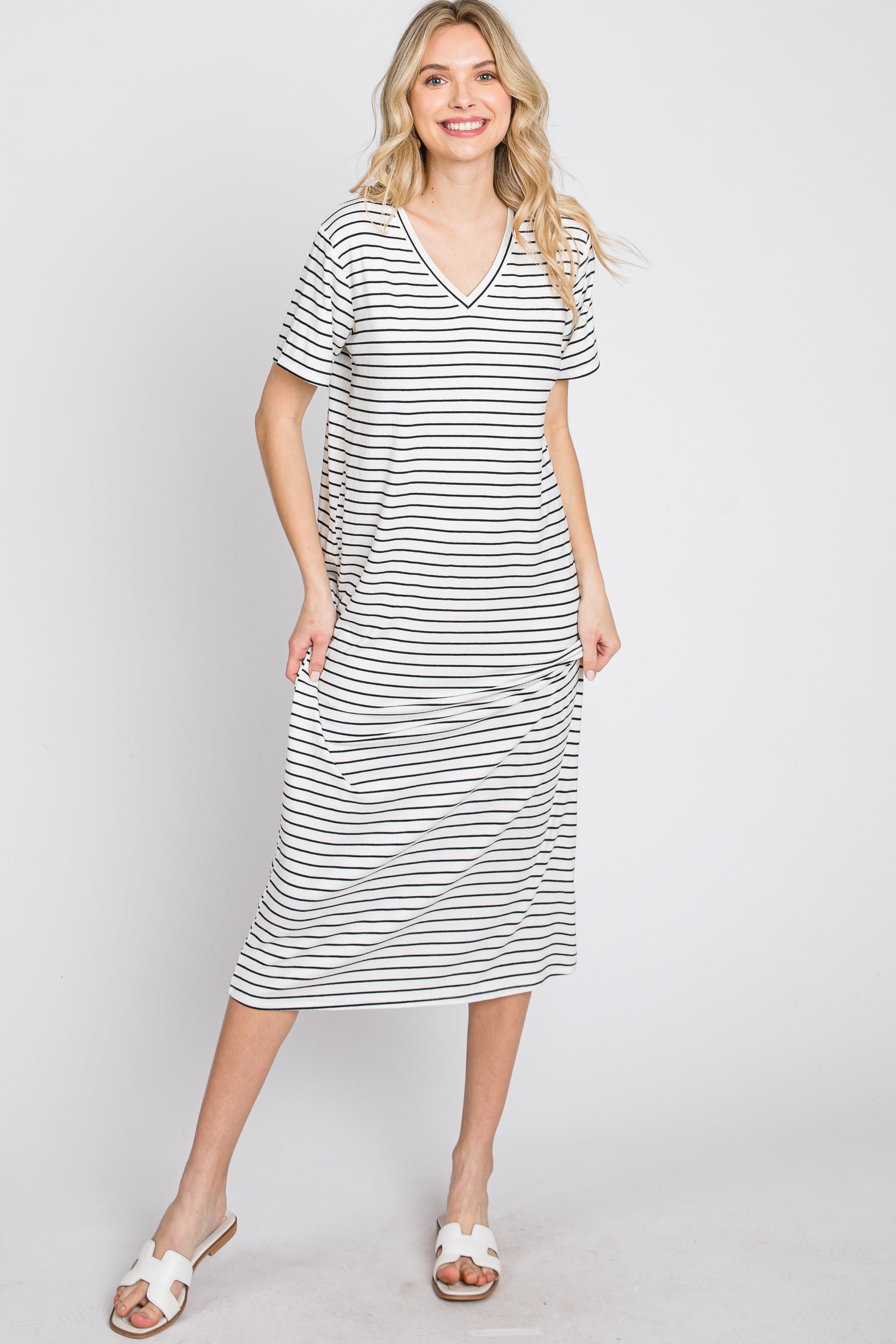 Ivory Striped Ribbed Midi Dress PinkBlush