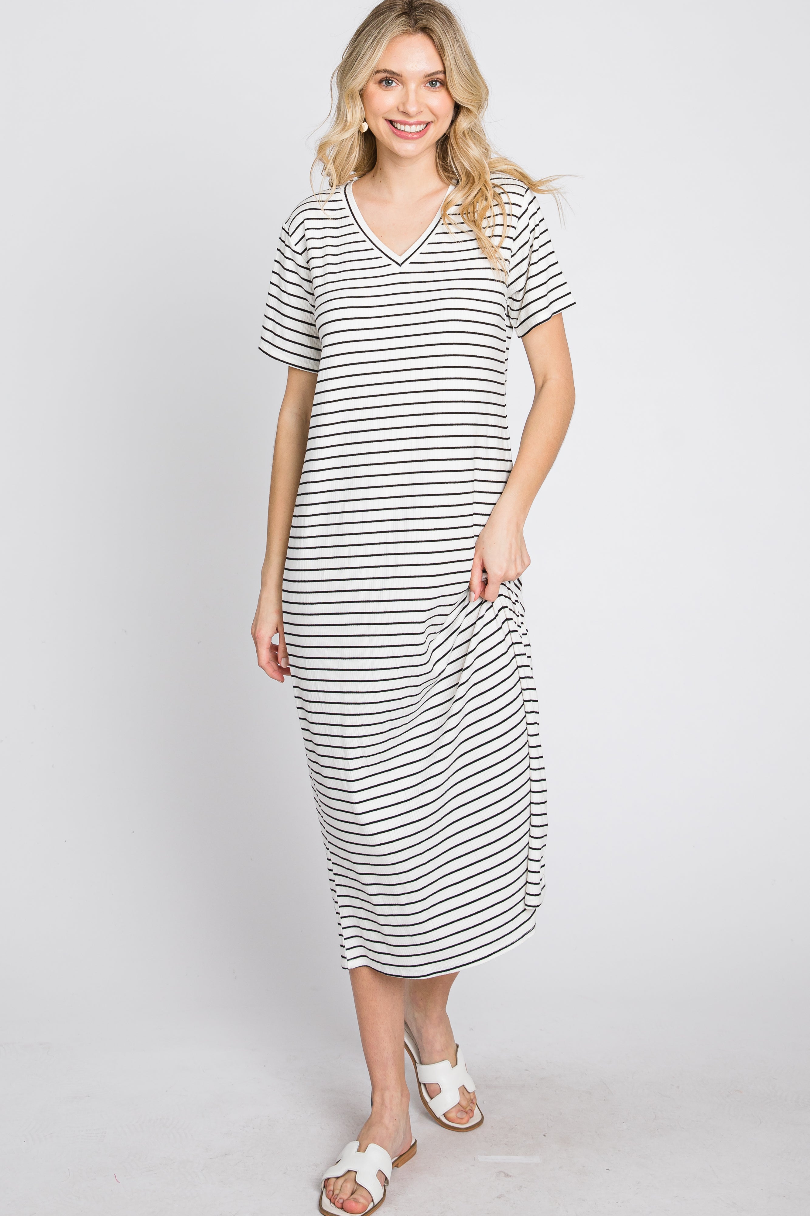 Ivory Striped Ribbed Midi Dress PinkBlush