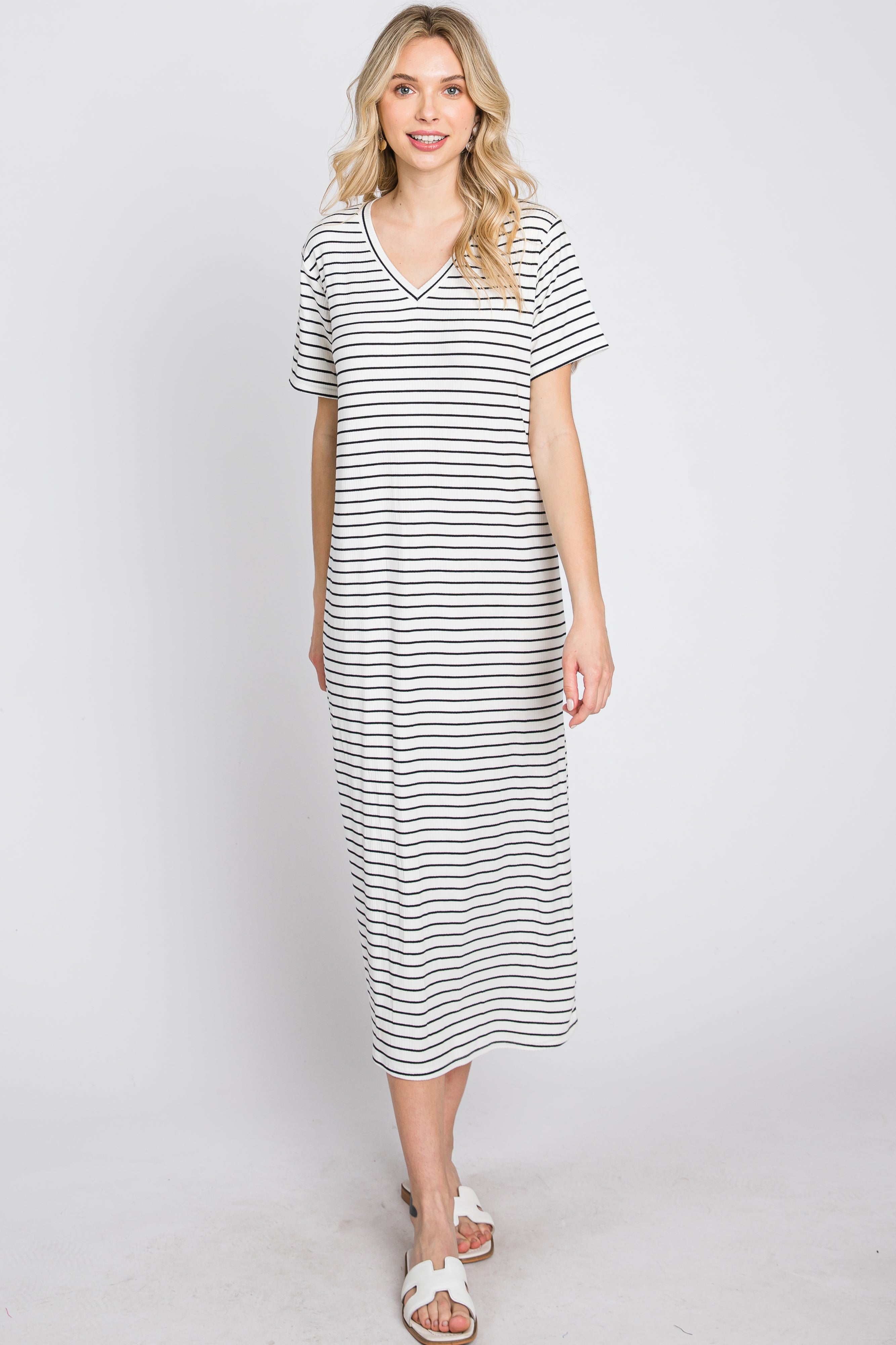 Ivory Striped Ribbed Midi Dress PinkBlush