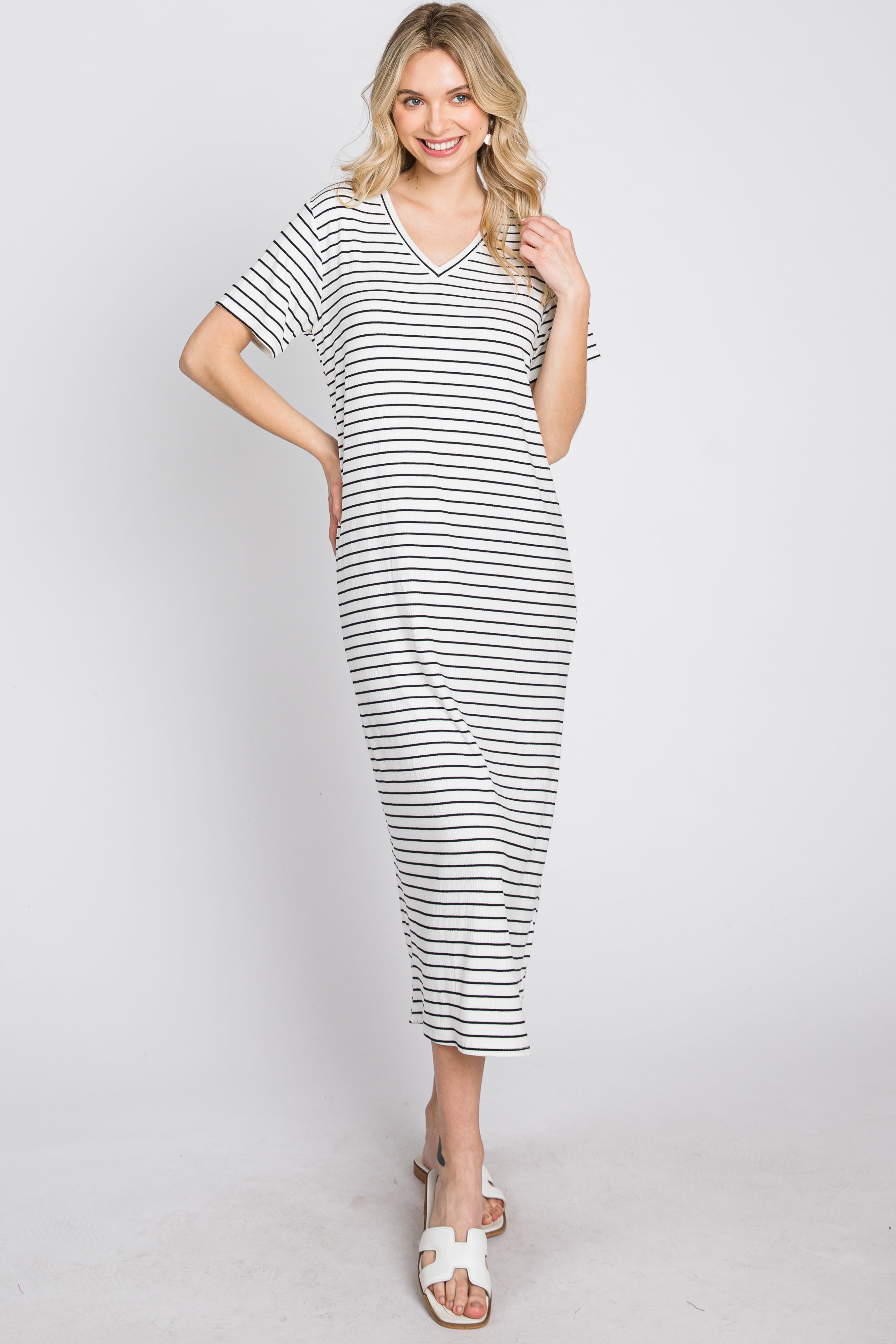 Ivory Striped Ribbed Midi Dress PinkBlush
