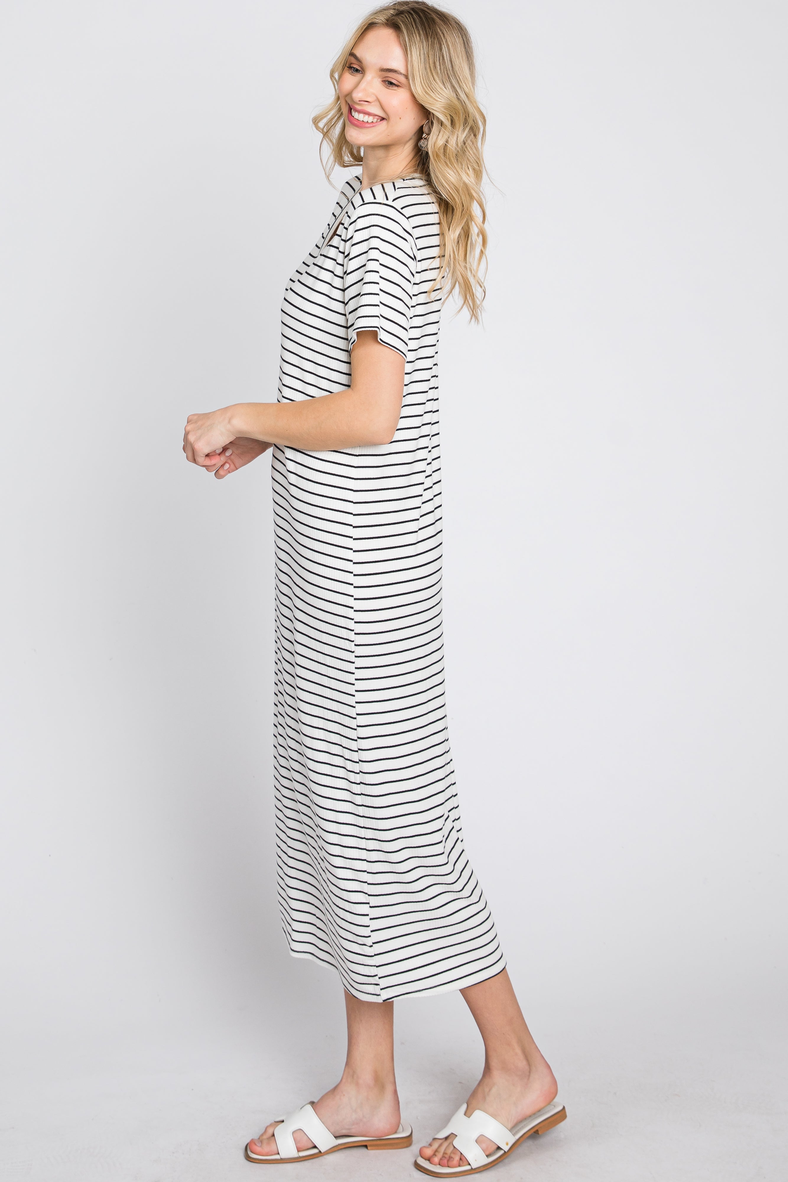 Ivory Striped Ribbed Midi Dress PinkBlush