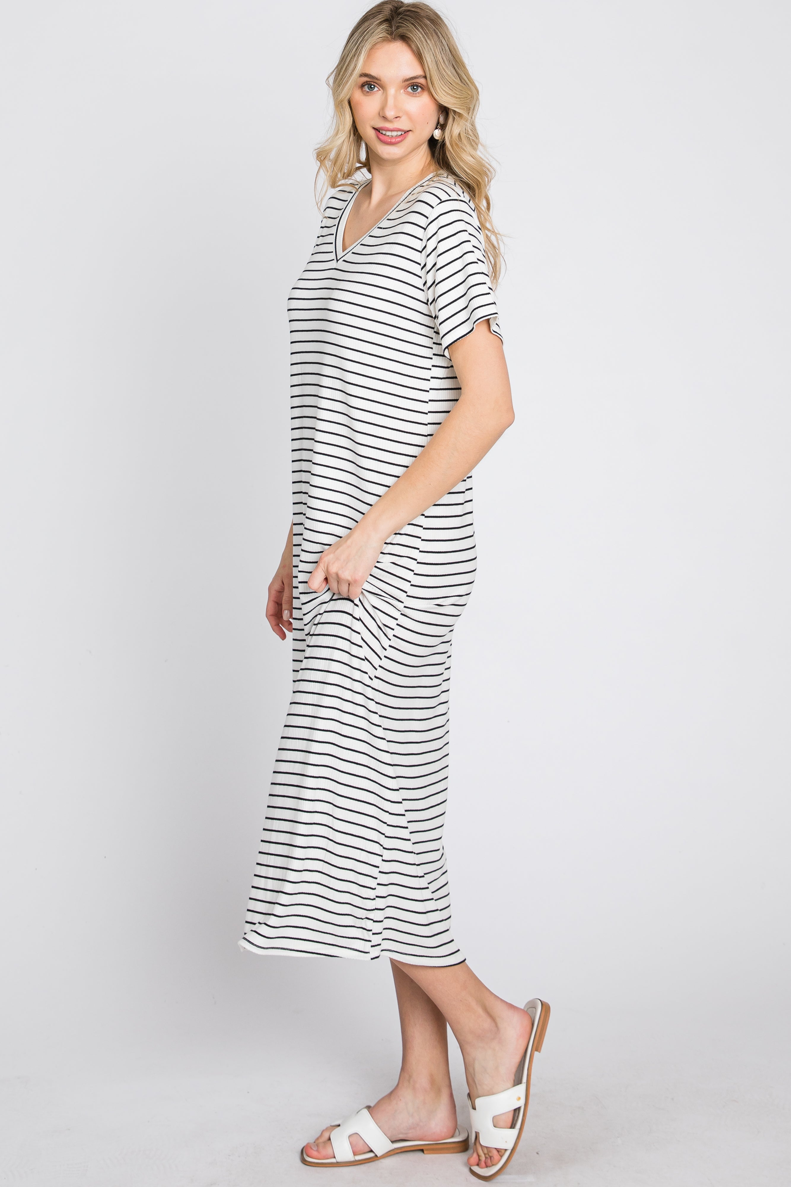 Ivory Striped Ribbed Midi Dress PinkBlush