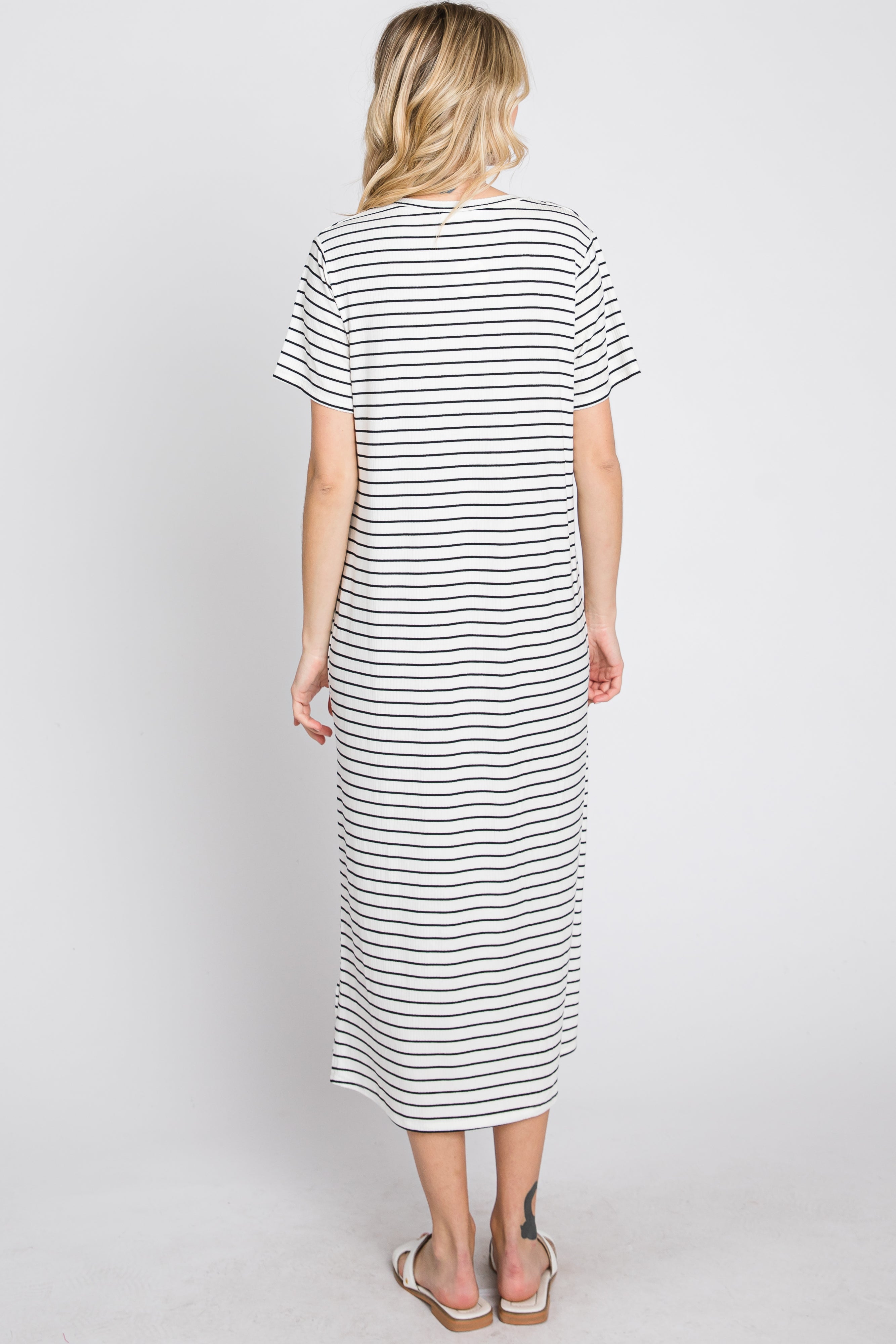 Ivory Striped Ribbed Midi Dress PinkBlush