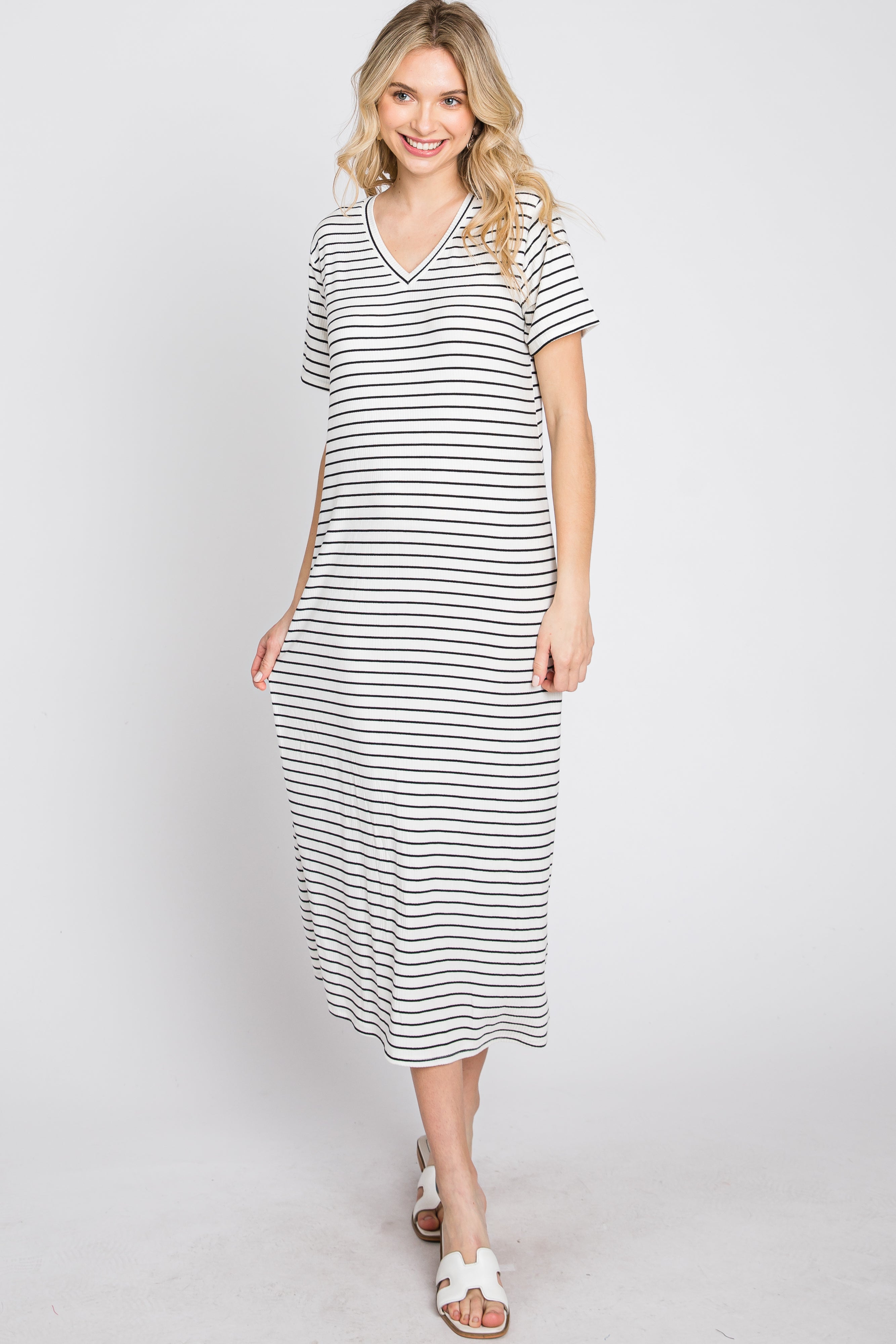 Ivory Striped Ribbed Midi Dress PinkBlush