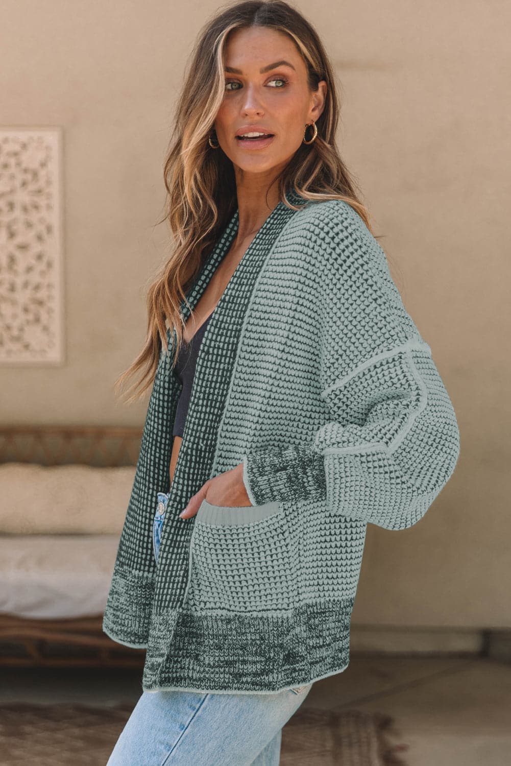 Waffle-knit Pocketed Open Front Cardigan.