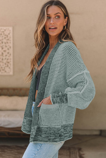 Waffle-knit Pocketed Open Front Cardigan.