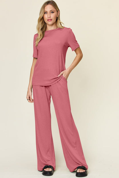 Double Take Full Size Round Neck Short Sleeve T-Shirt and Wide Leg Pants Set.