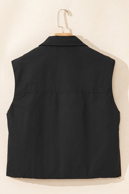 Chic black high neck vest with zip-up front and flap pockets