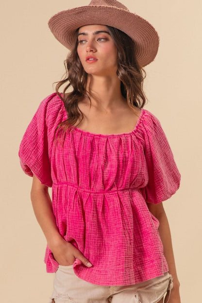 BiBi Pleated Puff Sleeve Washed Blouse.