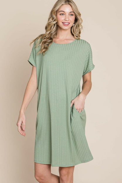 BOMBOM Ribbed Round Neck Short Sleeve Dress.