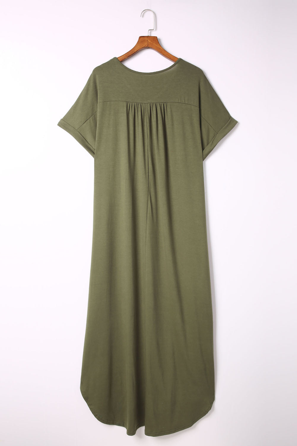 Vibrant Green Plus Size V-Neck Maxi Dress with Rolled Cuffs and Pockets