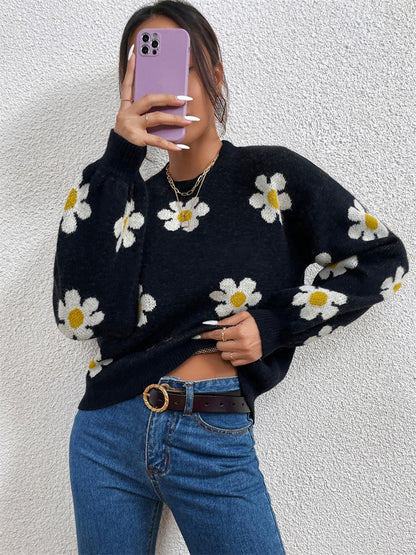 Flower Round Neck Latern Sleeve Sweater.