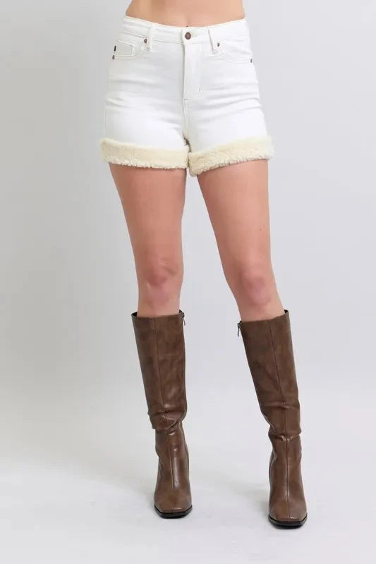 Judy Blue High Waist Shearling Cuff Denim Shorts Coco’s Tee Boutique