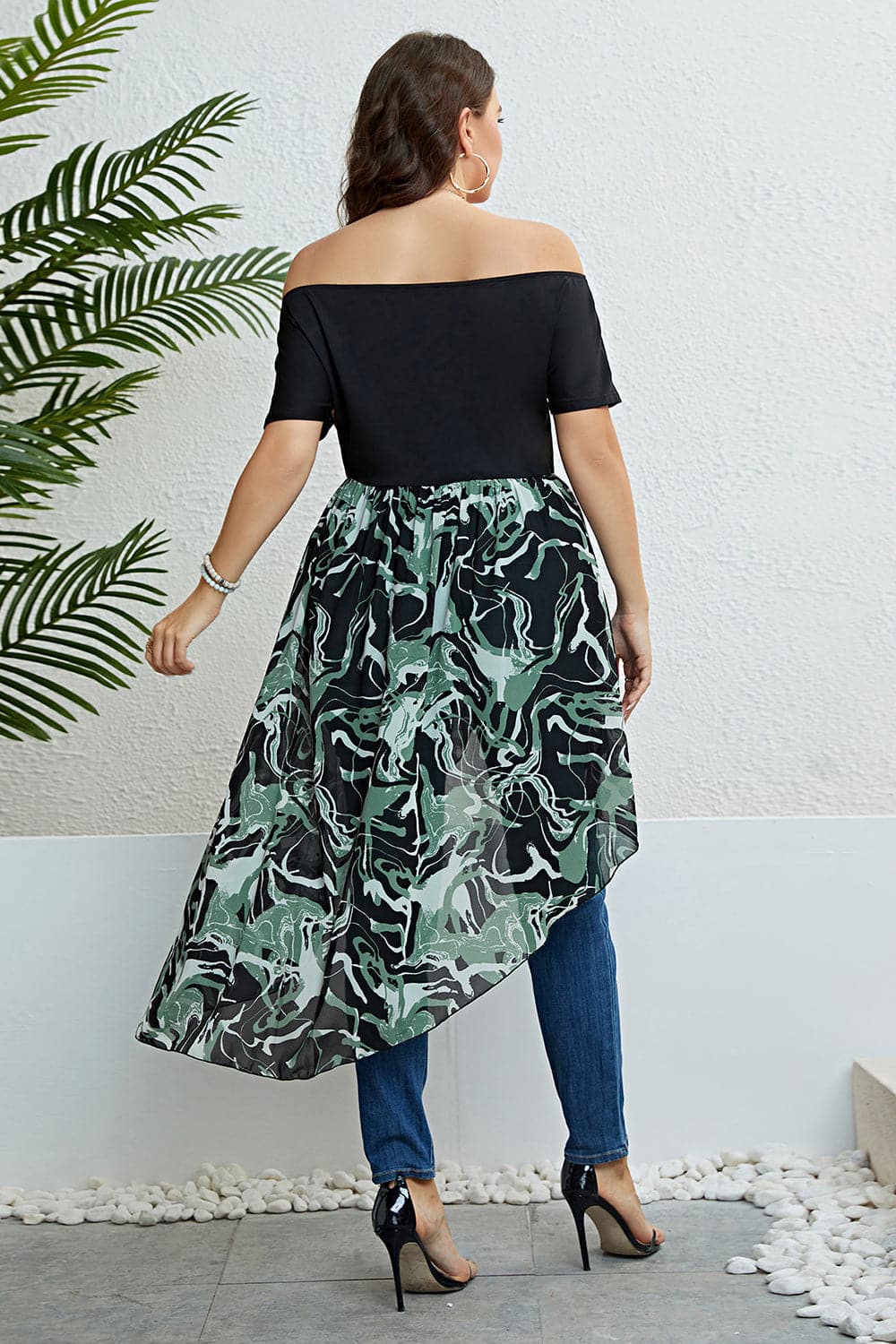 Plus Size Off-Shoulder Asymmetrical Hem Dress.