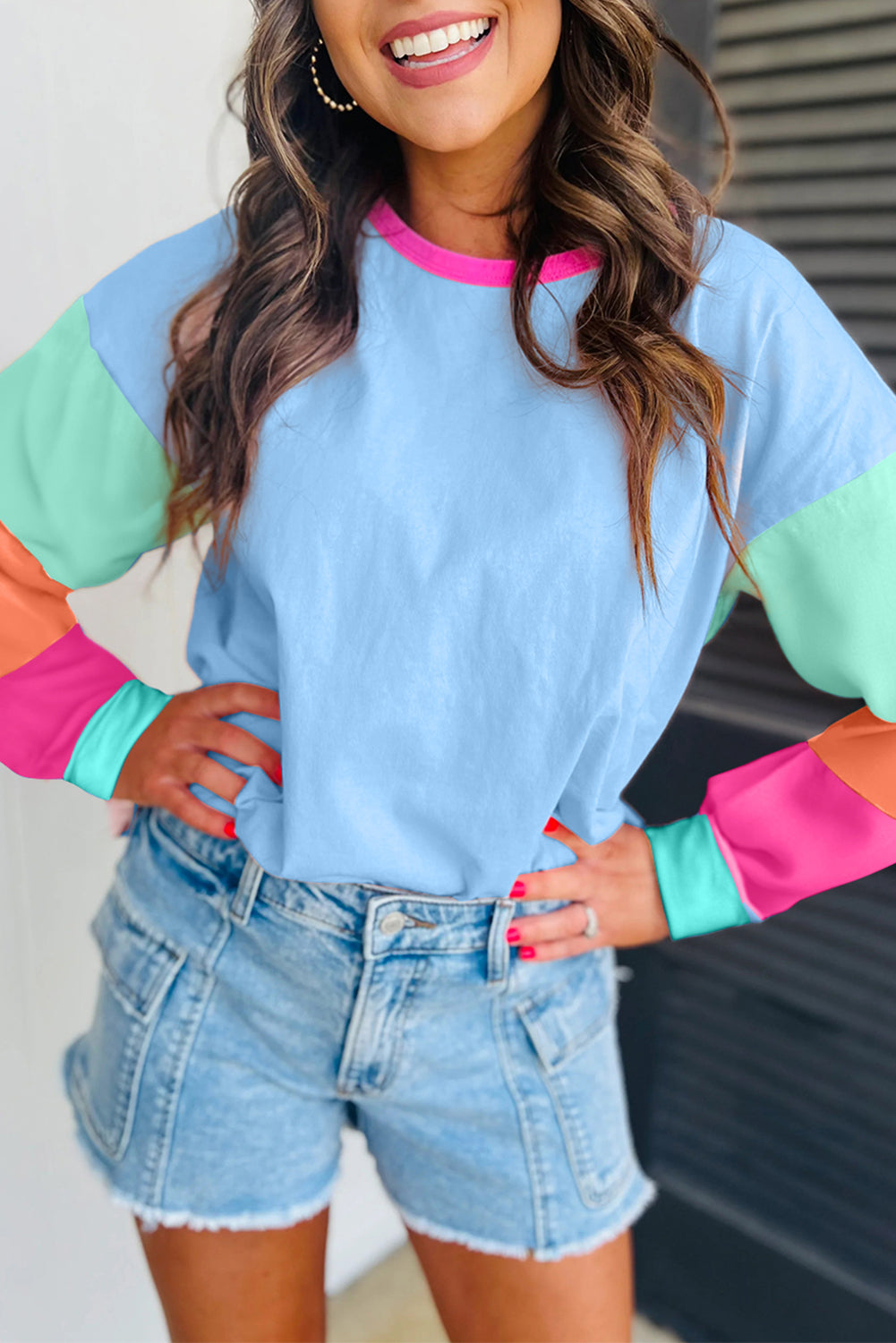 Colorblock Patchwork Long Sleeve Top in Dark Blue