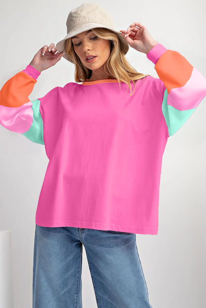 Chic rose red colorblock patchwork long sleeve top for a relaxed fit