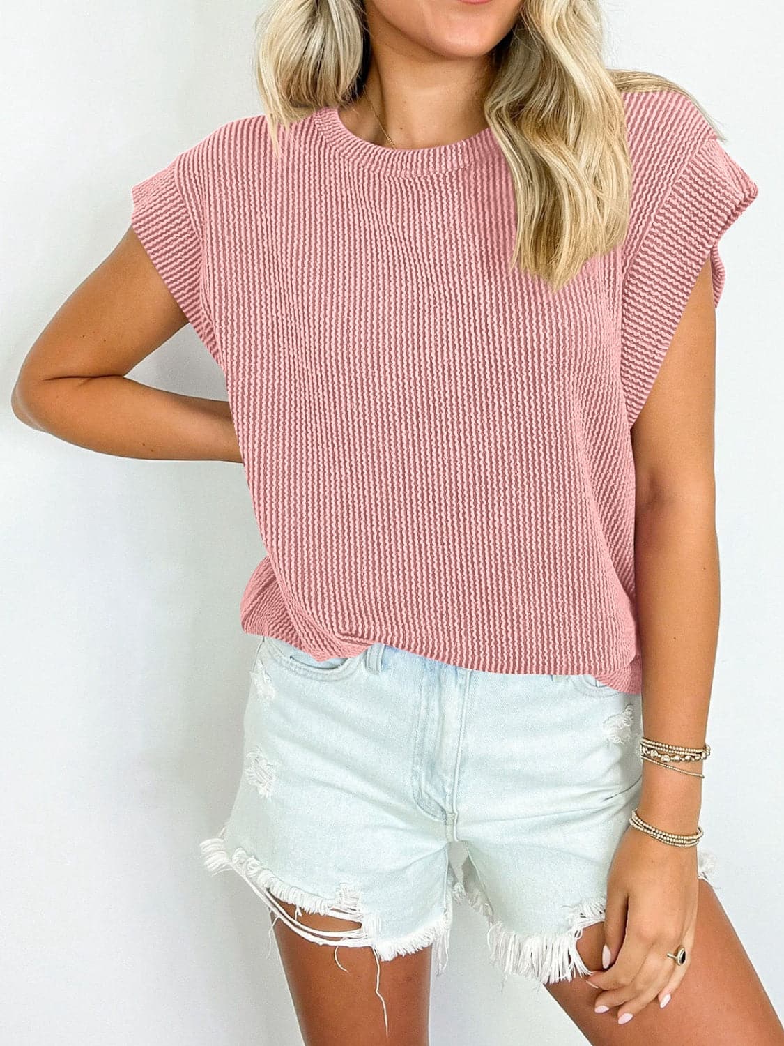 Textured Round Neck Cap Sleeve Blouse.