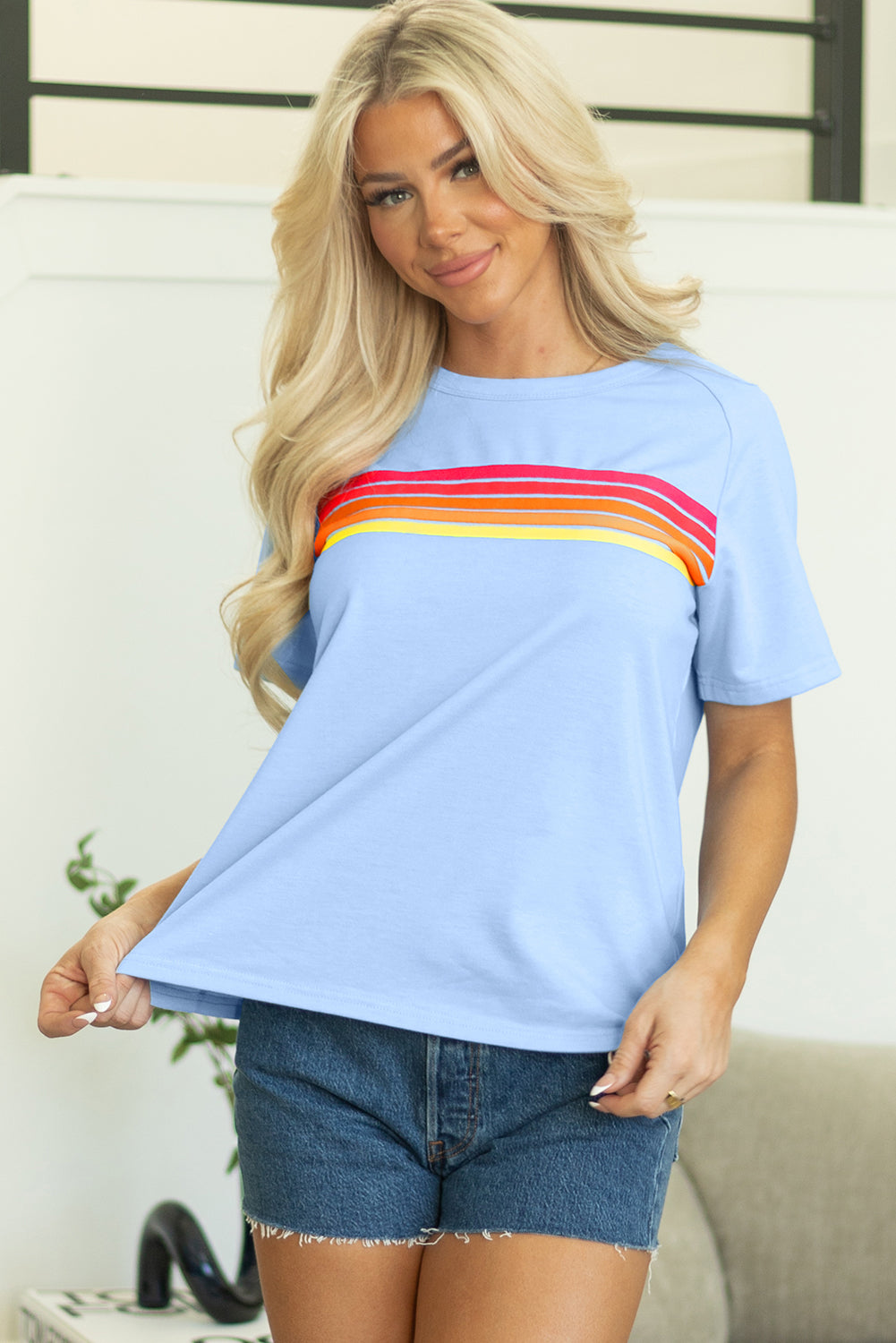 Beau Blue Striped Patch Front Casual Tee for Women