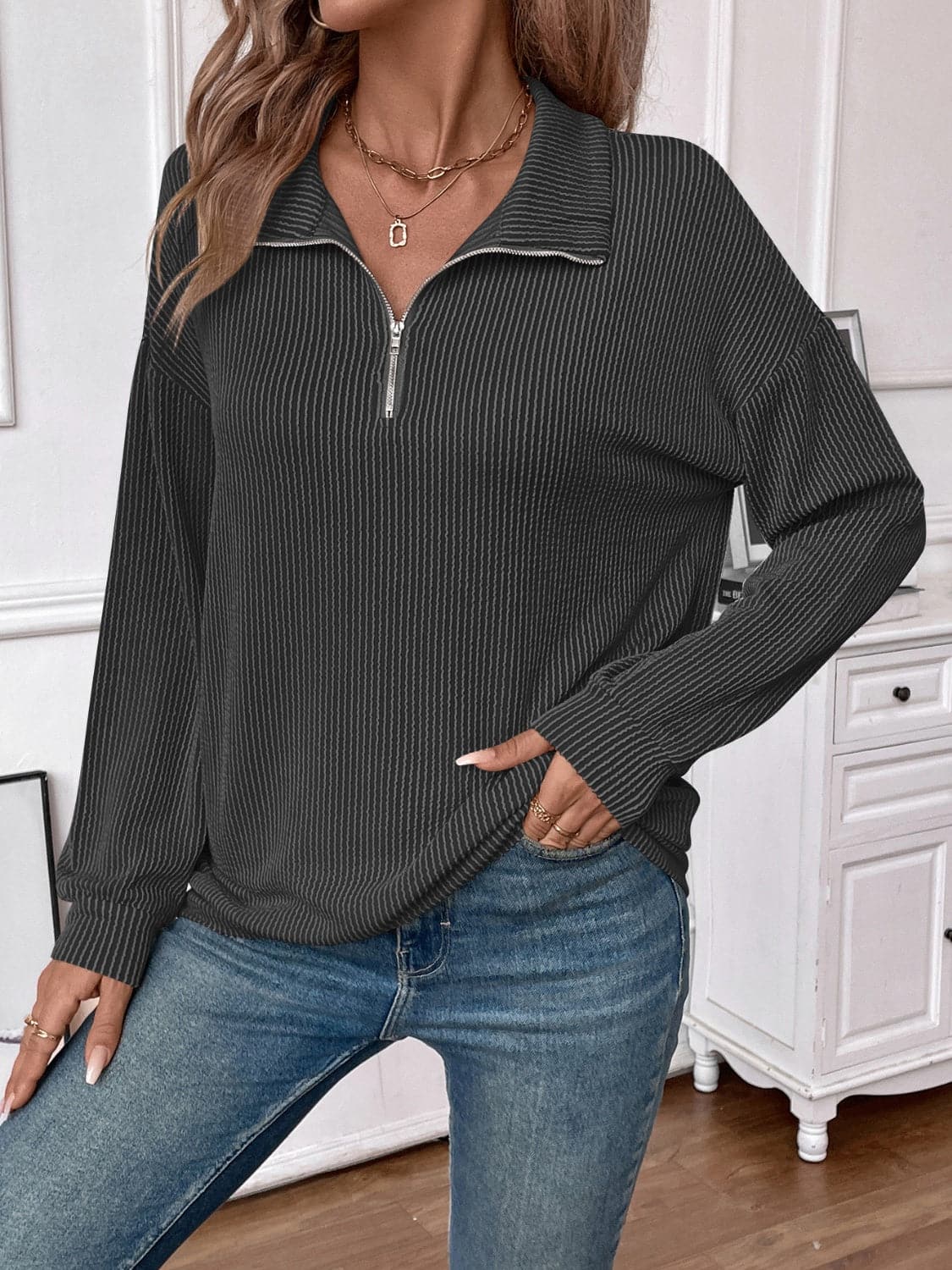 Double Take half zip striped tee