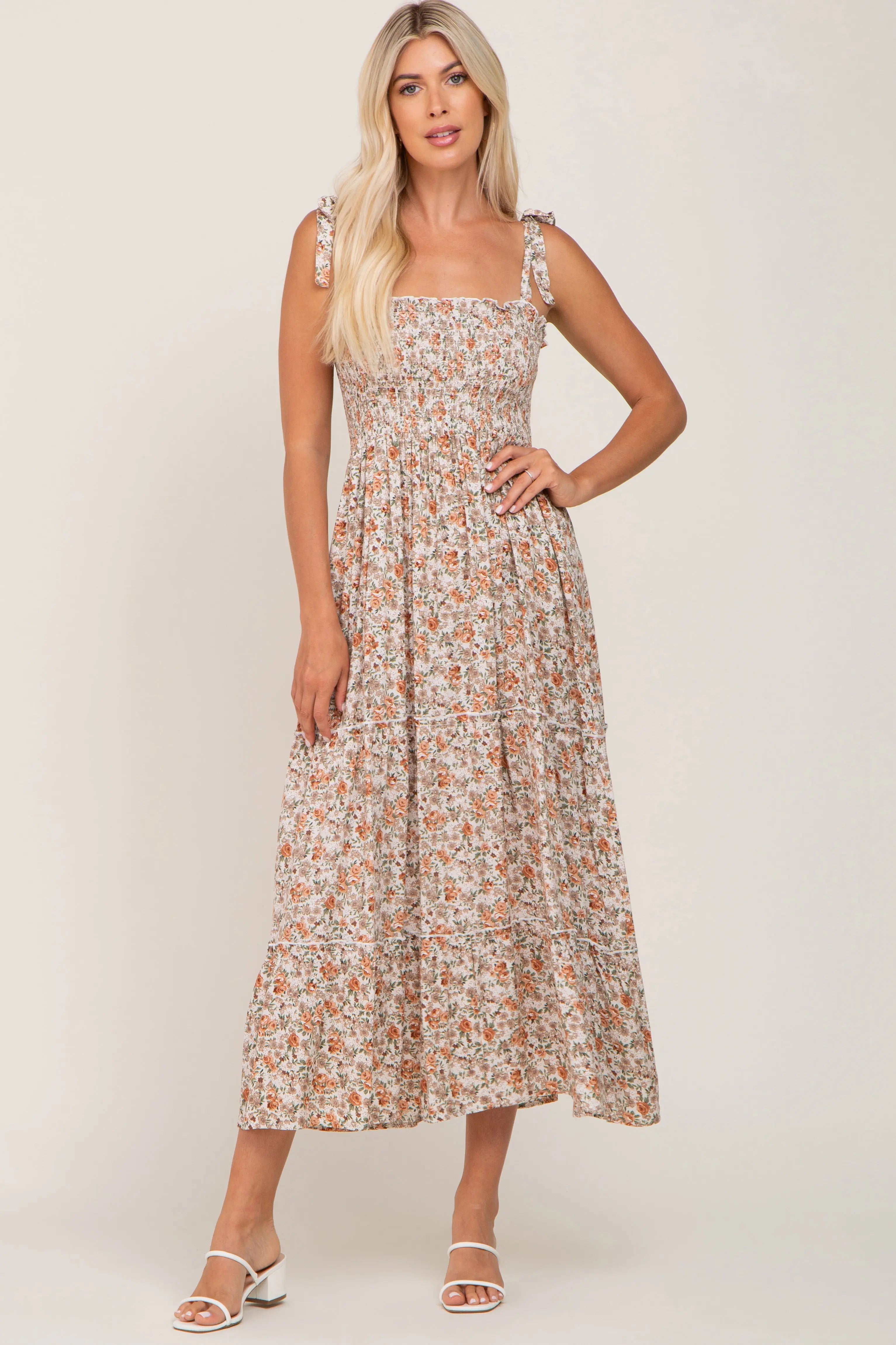 Beige Floral Sleeveless Tiered Maxi Dress PinkBlush