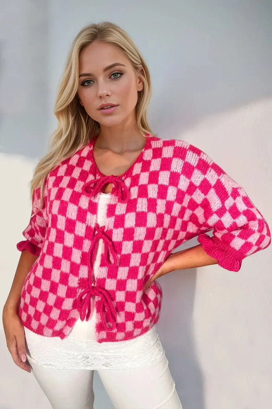 Double Take Tied Checkered Dropped Shoulder Flounce Sleeve Cardigan - Love Salve