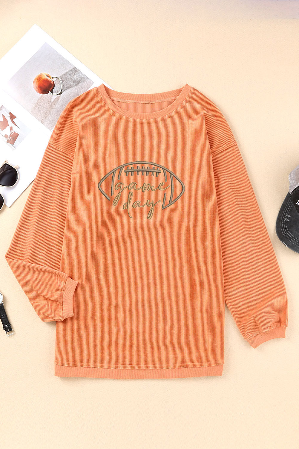 Premium Orange Rugby Game Day Embroidered Corduroy Sweatshirt