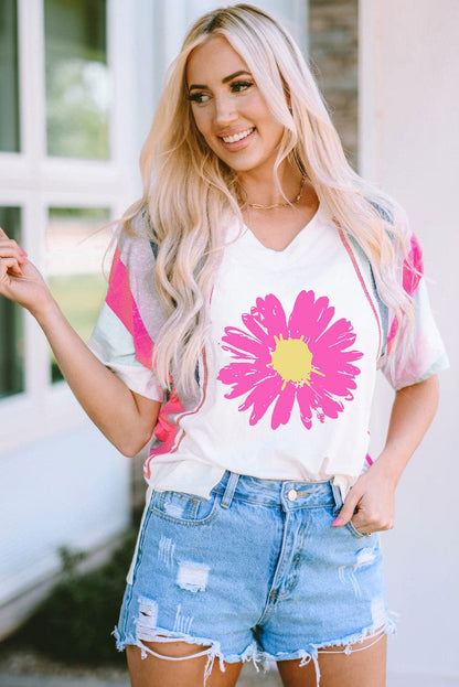 Daisy Graphic V-Neck Half Sleeve T-Shirt.