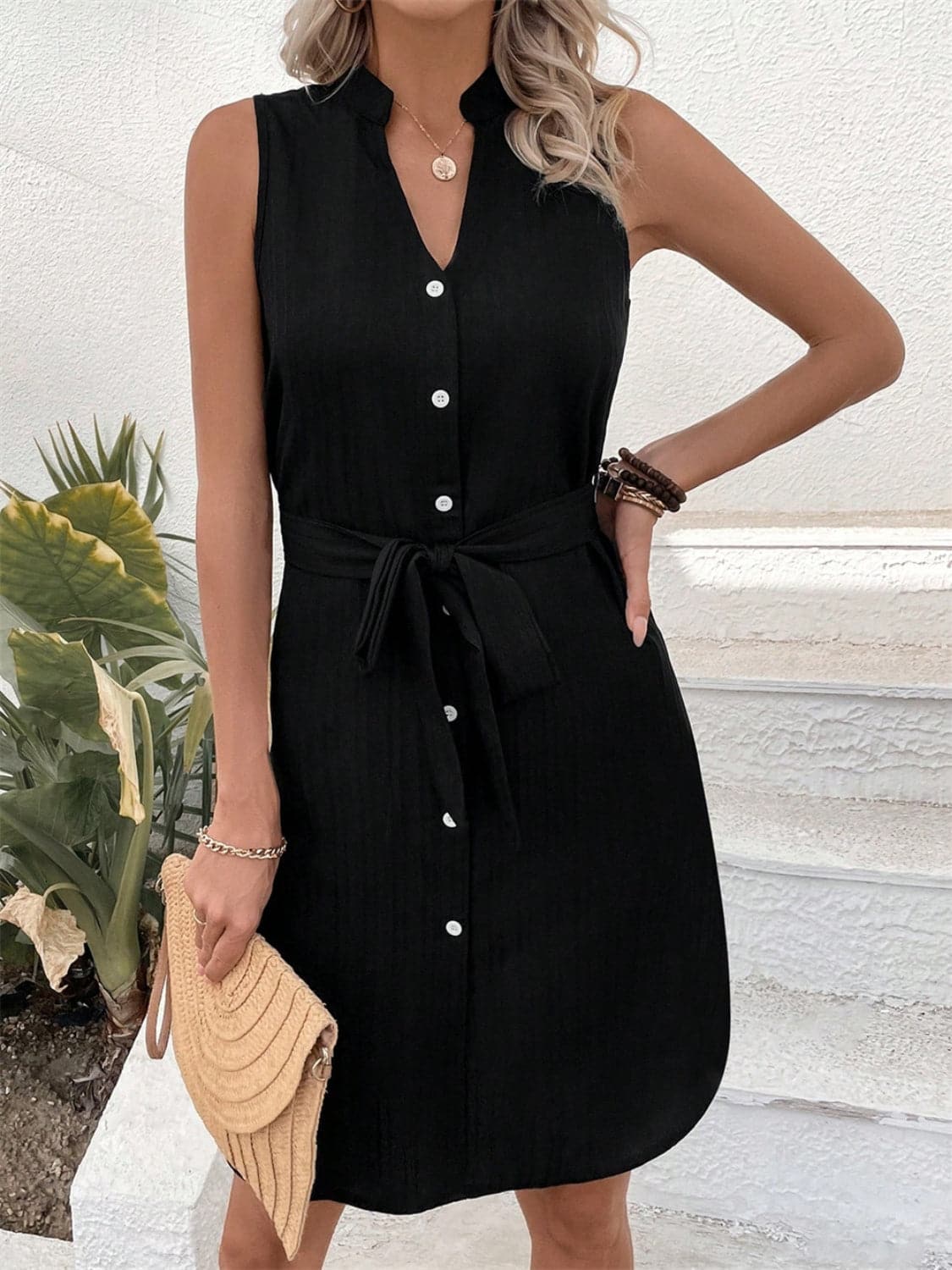 Tied Buttoned Up Notched Sleeveless Dress.