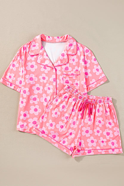 Charming pink floral short sleeve pajama set with drawstring shorts