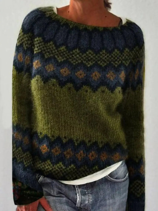 Full Size Vintage Patterned Round Neck Sweater Plus Size Simply Love