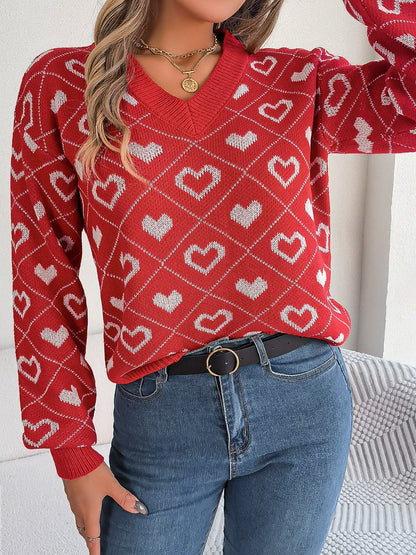 Heart Pattern V-Neck Long Sleeve Sweater.