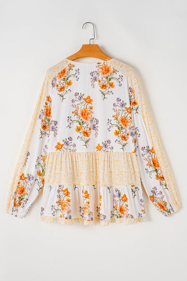 Chic white floral print blouse with puff sleeves for plus sizes